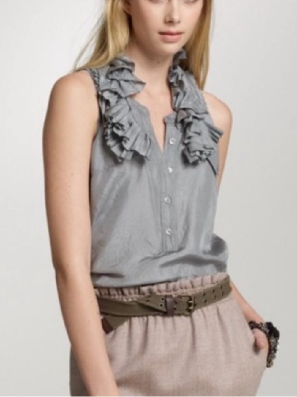 J. Crew 100% Silk Calista Ruffle-Trim Sleeveless Button Front Top in Aluminum